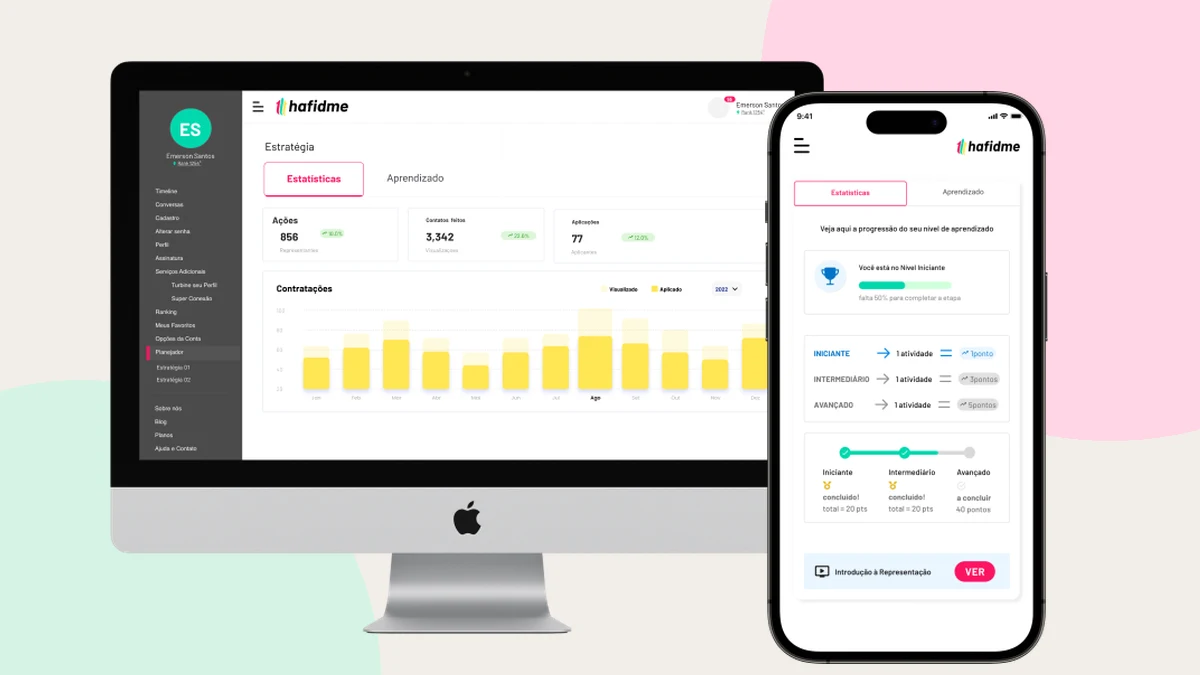 Painel da Hafidme no computador e tela de níveis no celular