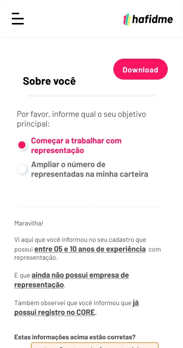 Tela Sobre você: a pessoa escolhe o objetivo principal e confirma experiência, empresa de representação e registro no CORE