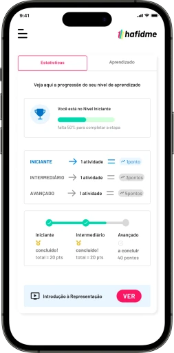 Tela de progressão no celular: níveis Iniciante, Intermediário e Avançado, com pontos por atividade
