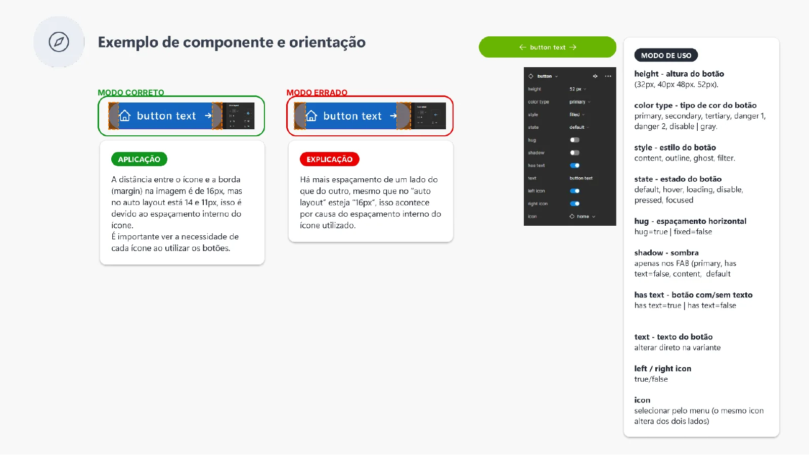 Exemplo de botão com modo correto e modo errado