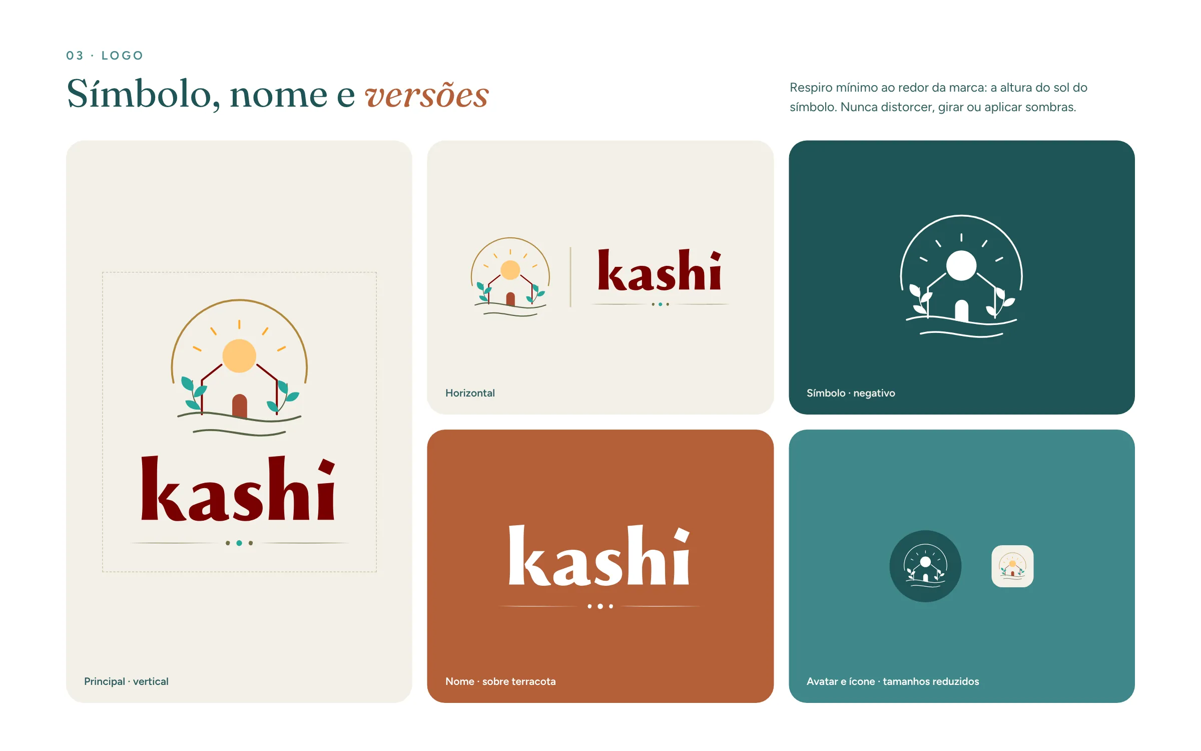 Versões do logo: principal vertical, horizontal, símbolo em negativo, nome sobre terracota e avatar