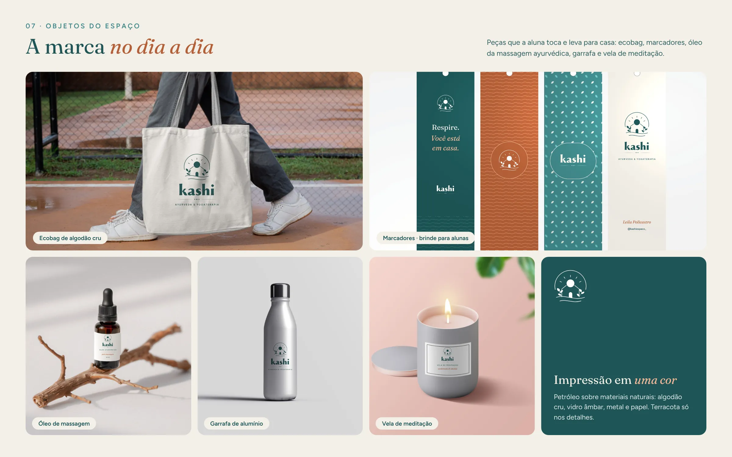 Ecobag, marcadores de página, óleo de massagem, garrafa e vela com a marca