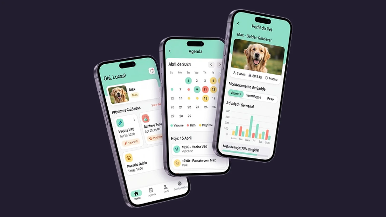 Três telas do app Patinha: início, agenda e perfil do pet