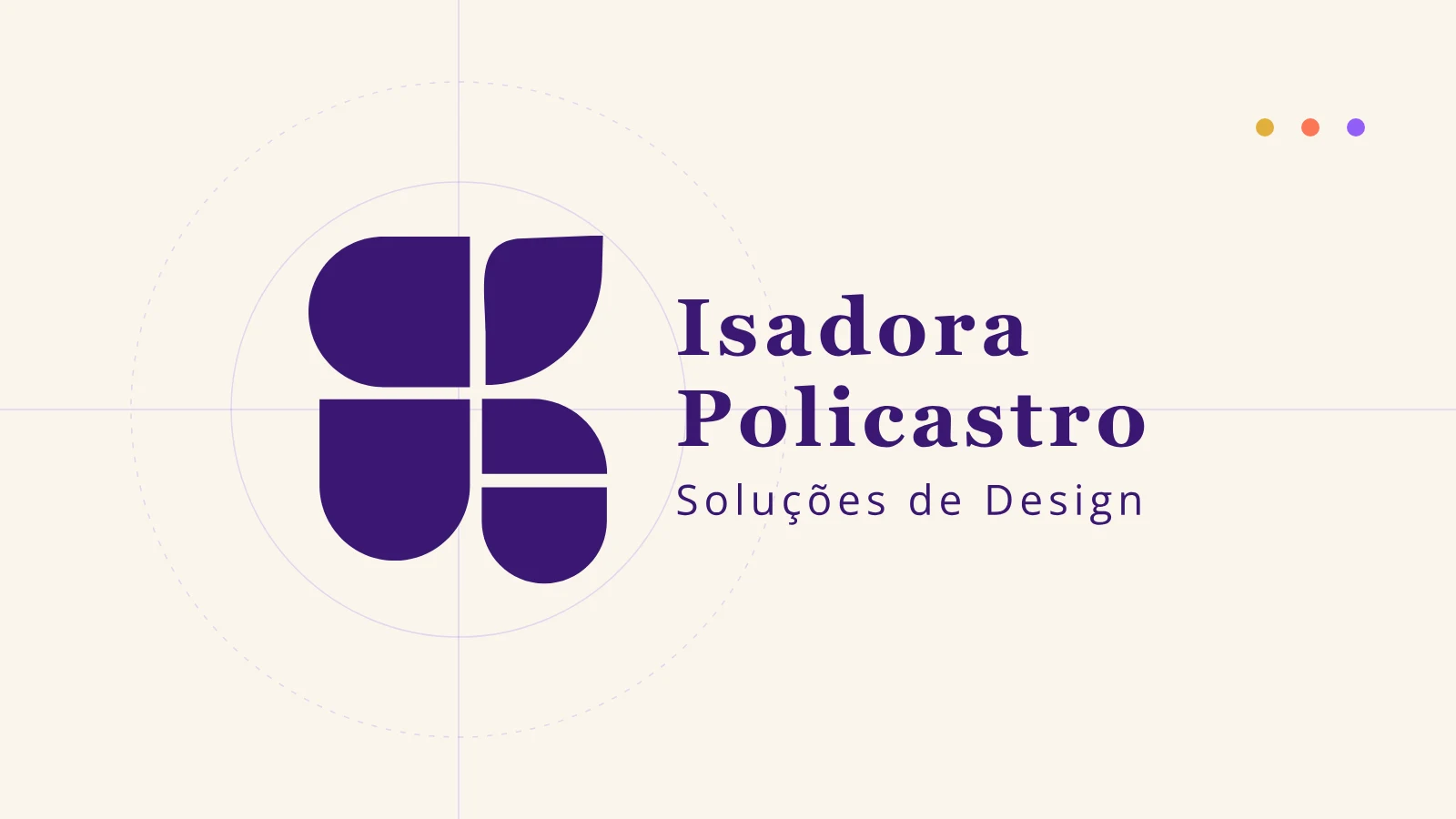 Símbolo roxo de cinco peças ao lado do nome Isadora Policastro, Soluções de Design
