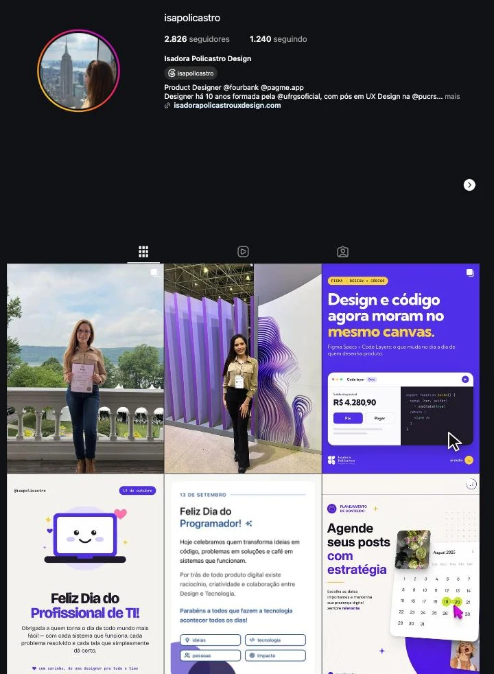 Perfil @isapolicastro no Instagram com os posts da marca